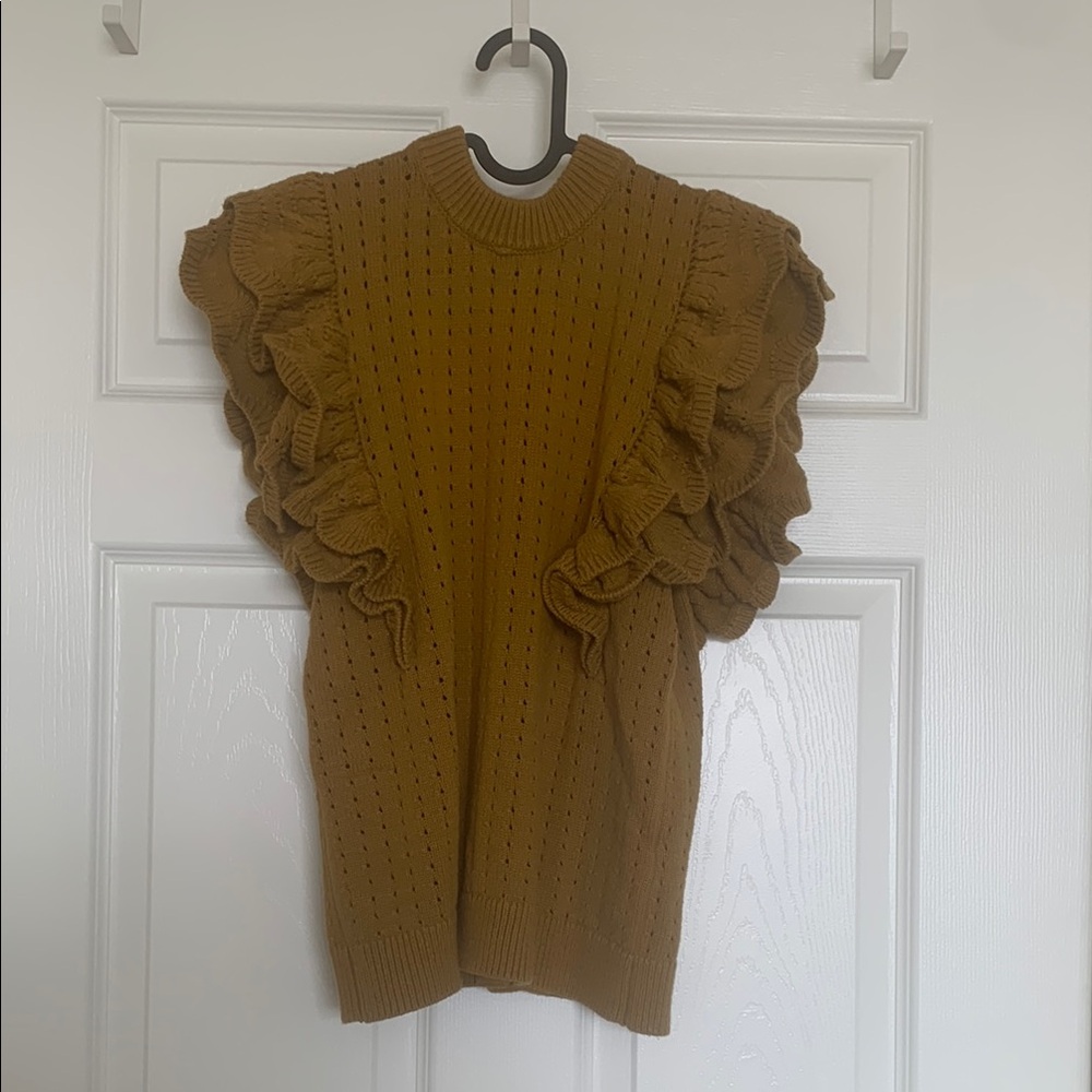 Who What Wear Yellow Ruffled Ribbed Blouse